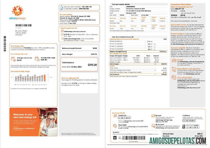 realista Modelo de conta de serviços públicos de gás Alinta Energy da Austrália em formato Word e PDF, 2 páginas